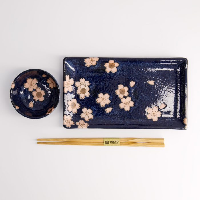 Tokyo Design Studio - Sakura - Ensemble Sushi Navy - 2 pièces avec baguettes - 22,5x12,7cm & 8,6x3,6cm – Image 3