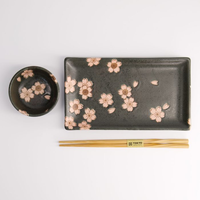 Tokyo Design Studio - Set de Sushi Sakura Noir - 2 pièces avec baguettes - 22,5x12,7cm et 8,6x3,6cm – Image 4