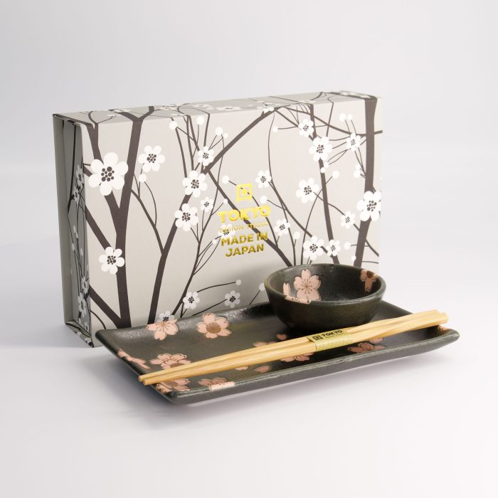 Tokyo Design Studio - Set de Sushi Sakura Noir - 2 pièces avec baguettes - 22,5x12,7cm et 8,6x3,6cm – Image 3
