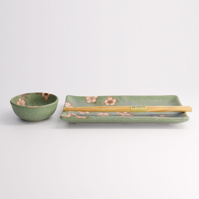 Tokyo Design Studio - Sakura Vert Set Sushi - 2 pièces - Baguettes incluses - 22,5x12,7cm & 8,6x3,6cm – Image 2