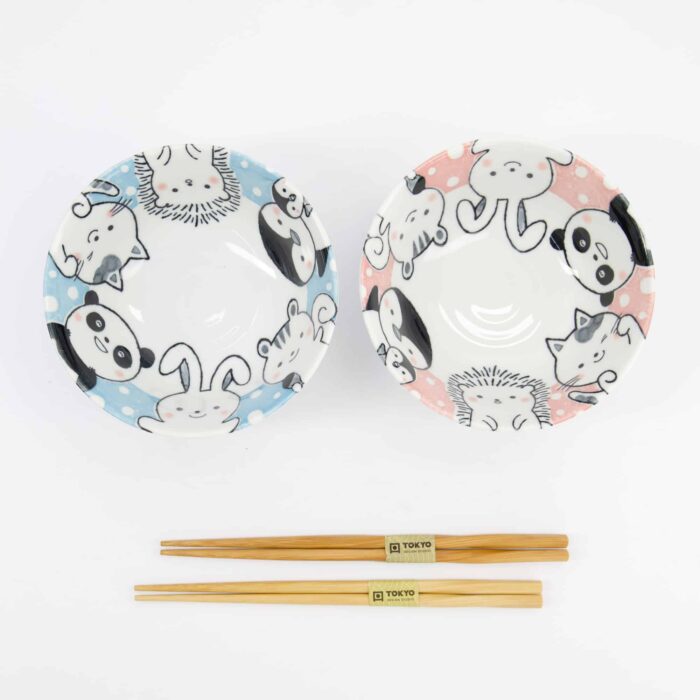 Tokyo Design Studio - Kawaii - Animaux - Set Cadeau Bols Tayo - 2 pièces avec baguettes - 15.2x6.7cm - 500ml - Bleu/Rose – Image 4