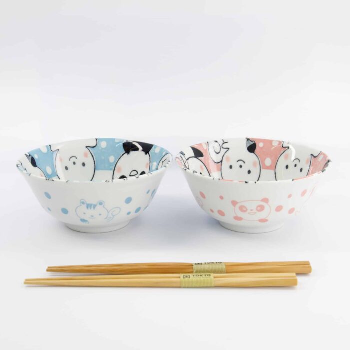 Tokyo Design Studio - Kawaii - Animaux - Set Cadeau Bols Tayo - 2 pièces avec baguettes - 15.2x6.7cm - 500ml - Bleu/Rose – Image 6