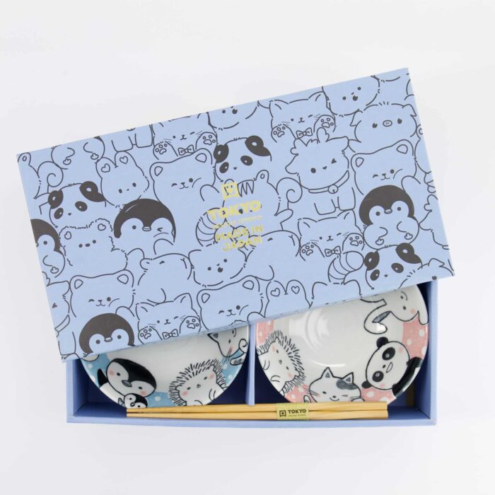 Tokyo Design Studio - Kawaii - Animaux - Set Cadeau Bols Tayo - 2 pièces avec baguettes - 15.2x6.7cm - 500ml - Bleu/Rose – Image 7
