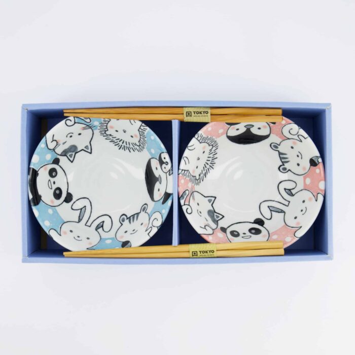 Tokyo Design Studio - Kawaii - Animaux - Set Cadeau Bols Tayo - 2 pièces avec baguettes - 15.2x6.7cm - 500ml - Bleu/Rose – Image 3