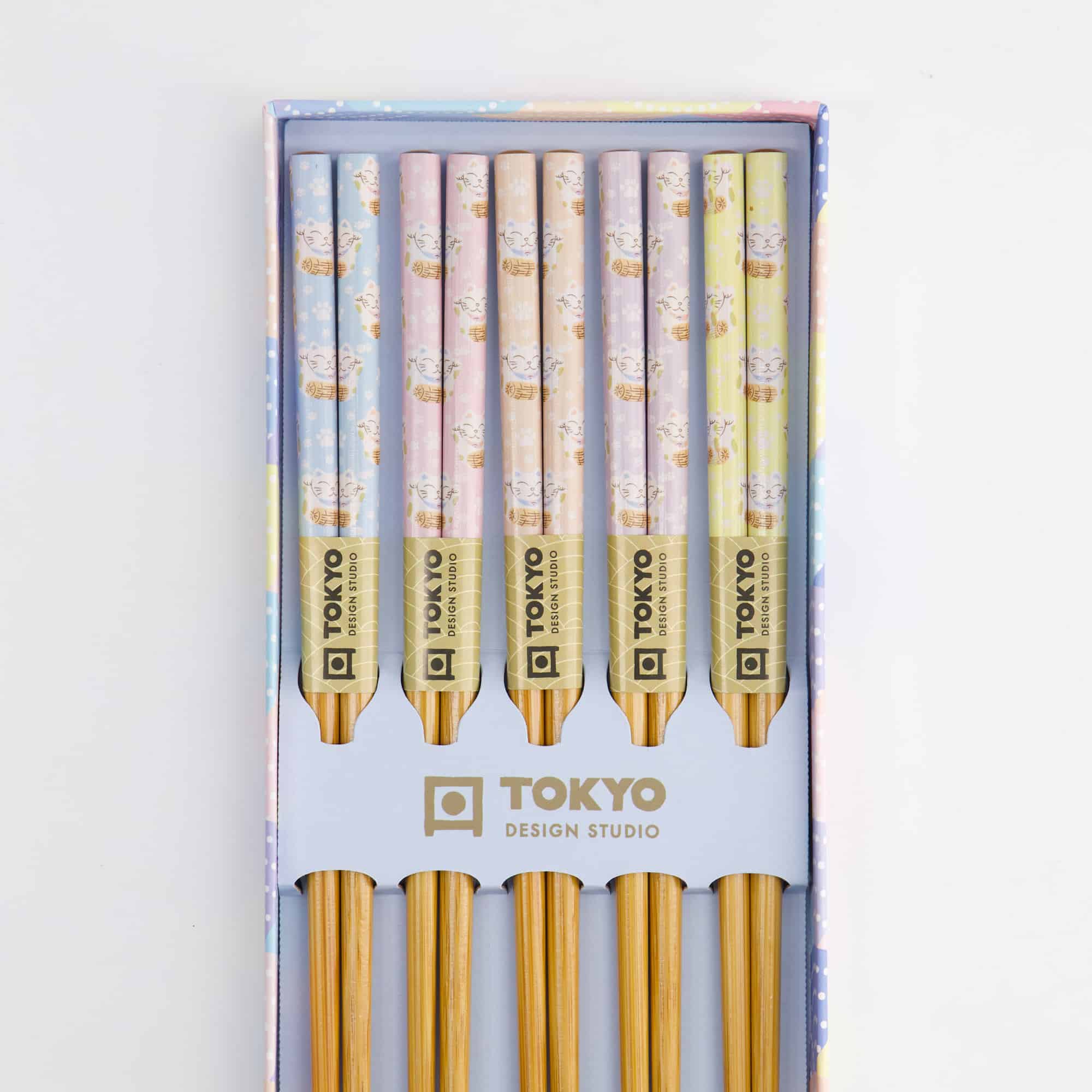 Tokyo Design Studio – Coffret de Baguettes – Lot de cinq – Lucky Cat – Bleu – Image 3