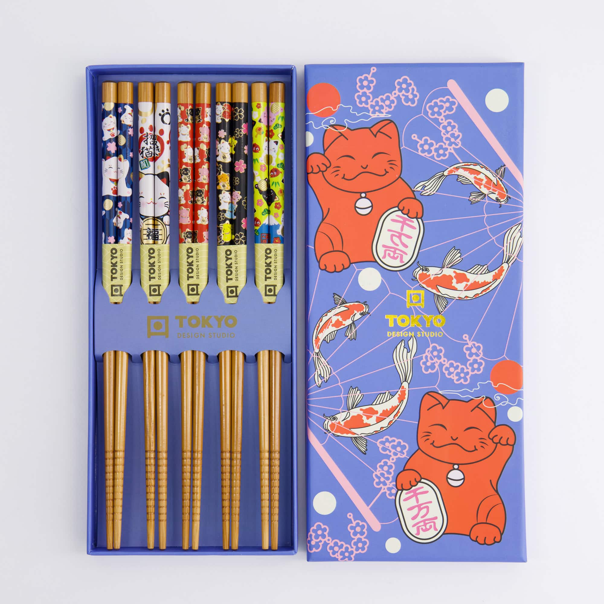 Tokyo Design Studio - Coffret Baguettes Japonaises - Set de 5 - Chat Porte-Bonheur & Carpe Koi – Image 2